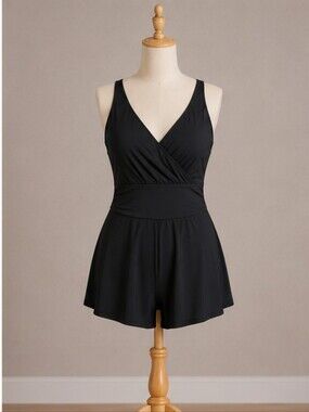 Vanishing Act Black Women's V-Neck One-Piece Swimsuit Belly Control Plus Size 14
